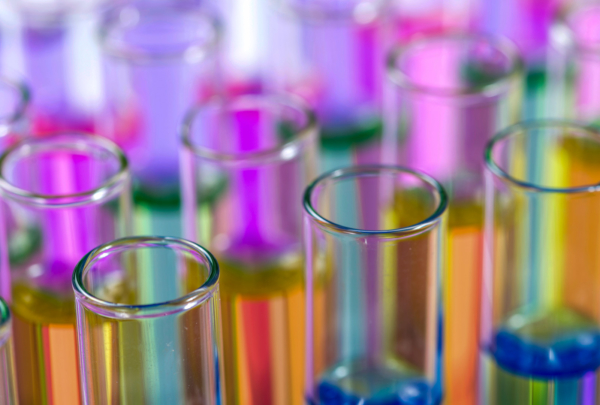 Colorful photo of glass laboratory beakers