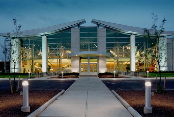 Exterior of GE Aviation Learning Center in the evening.