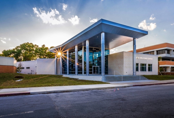 Sun setting behind the Frisch Welcome Center