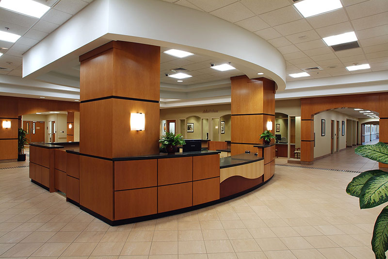 Interior photo of Exterior photo of Owasso Hospital and Medical Office Building main lobby area.