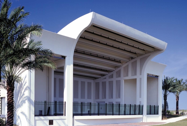 Exterior photo of Sea Walk Pavilion. Palm trees line either side of the venue.