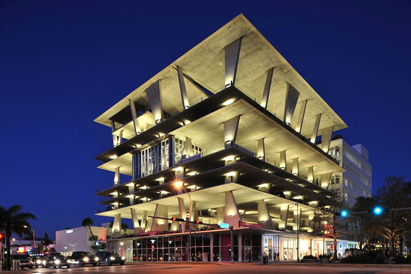 Parking garage at night.