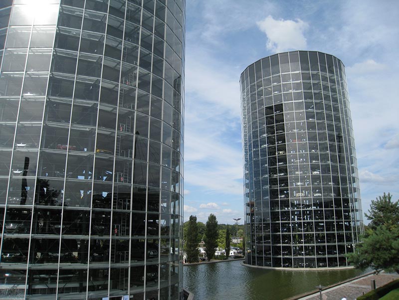 Glass parking tower.