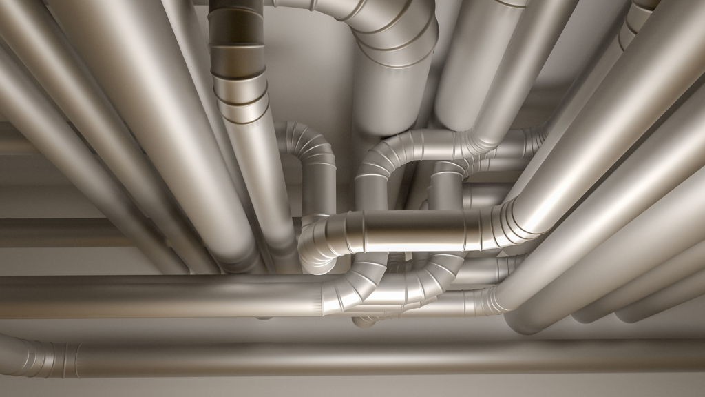 3D rendering of metal air duct system.