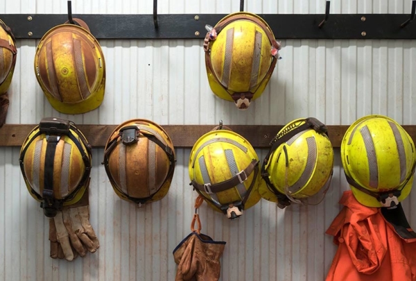 Safety equipment hanging on a wall.