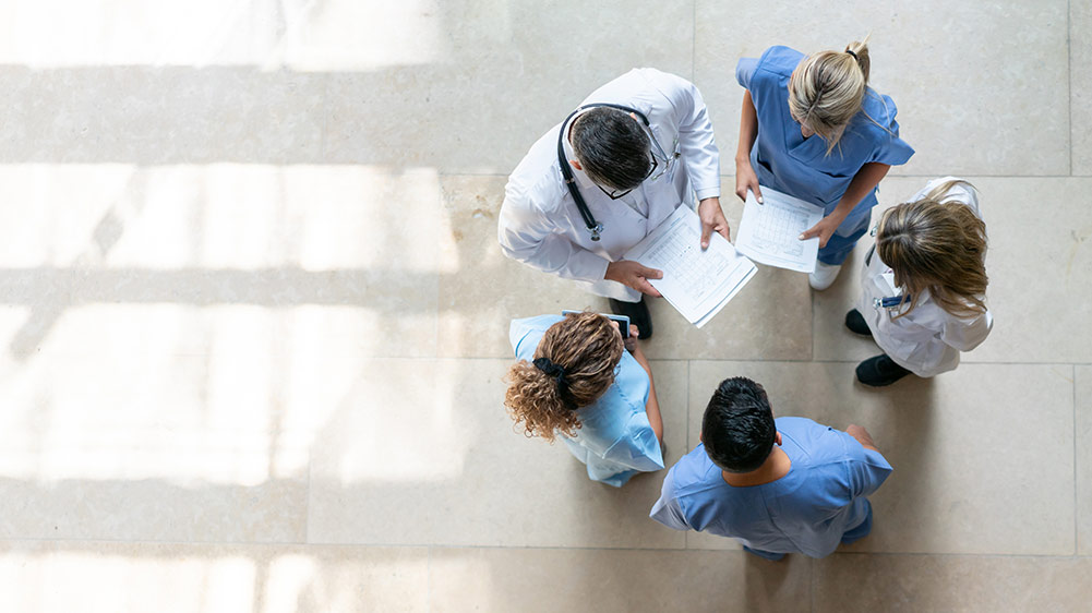 Healthcare professionals during a meeting at the hospital - High angle view