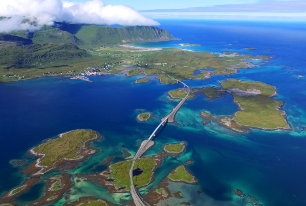 Aerial photo of roadway and bridge connecting chain of islands