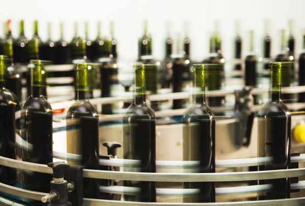 Wine bottles on a production line.