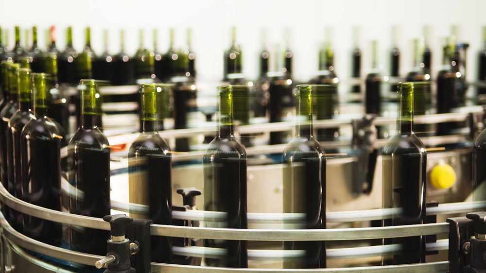 Wine bottles on a production line.