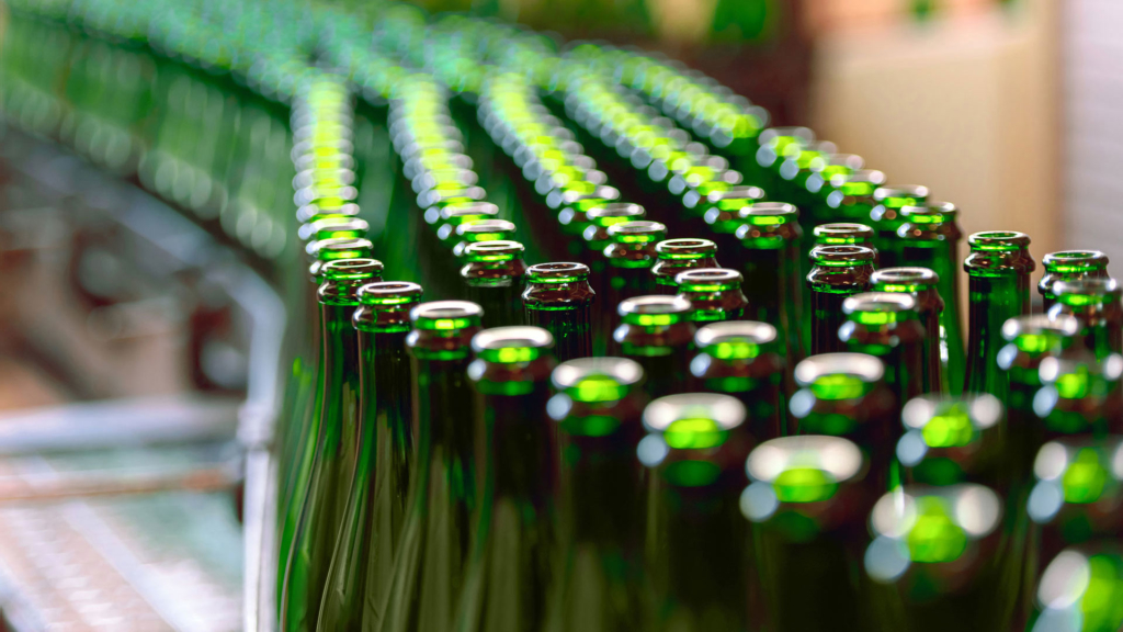 Wine bottles on filling line