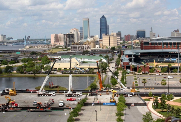 Aerial view of pipe installation in the center of downtown Jacksonville