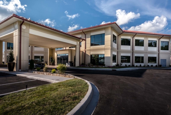 Exterior photo of main covered entrance to the 27,300 sq foot office building