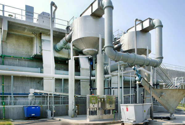 Metal pipes and other water distribution equipment at the Point Peter Wastewater Treatment Plant