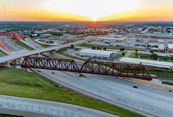 Aerial view of truss bridge.