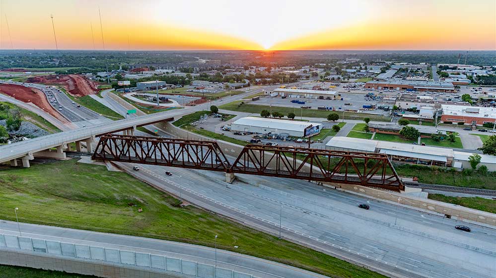 Aerial view of truss bridge.