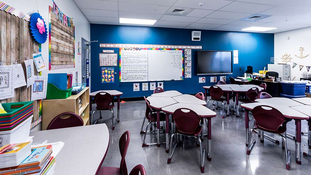 Interior of empty classroom.