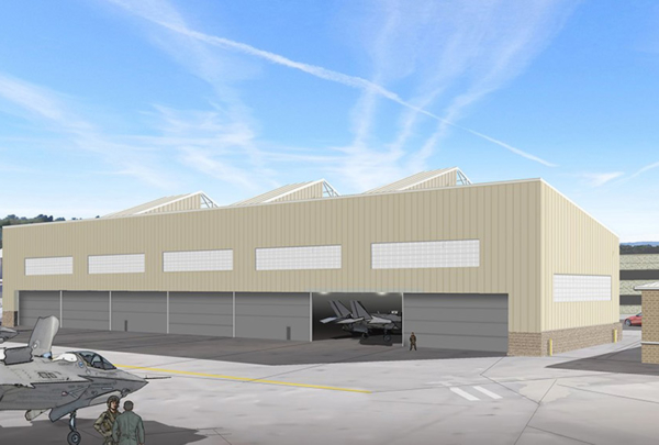 Rendering of airplane hangar.