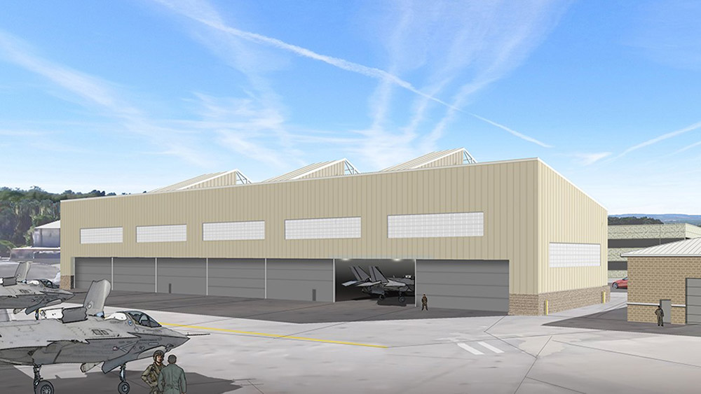 Rendering of airplane hangar.