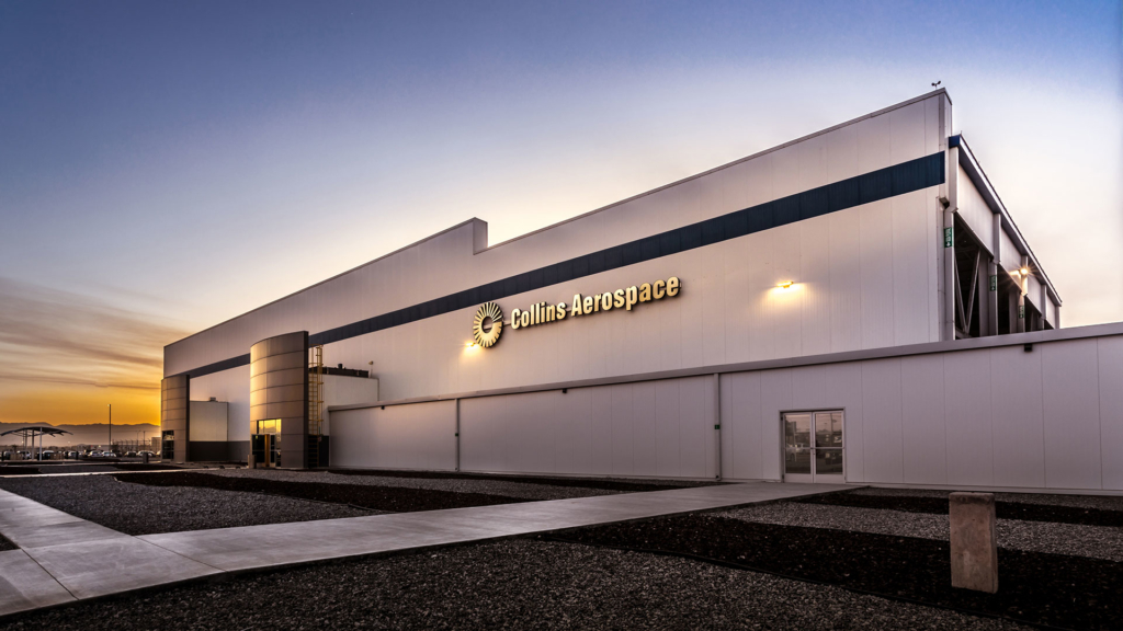 Front of Collins Aerospace facility at sunset