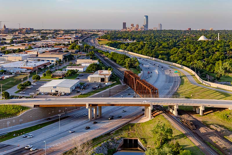 Aerial view of I-235 Broadway Extension Corridor project adjacent to Central Business District