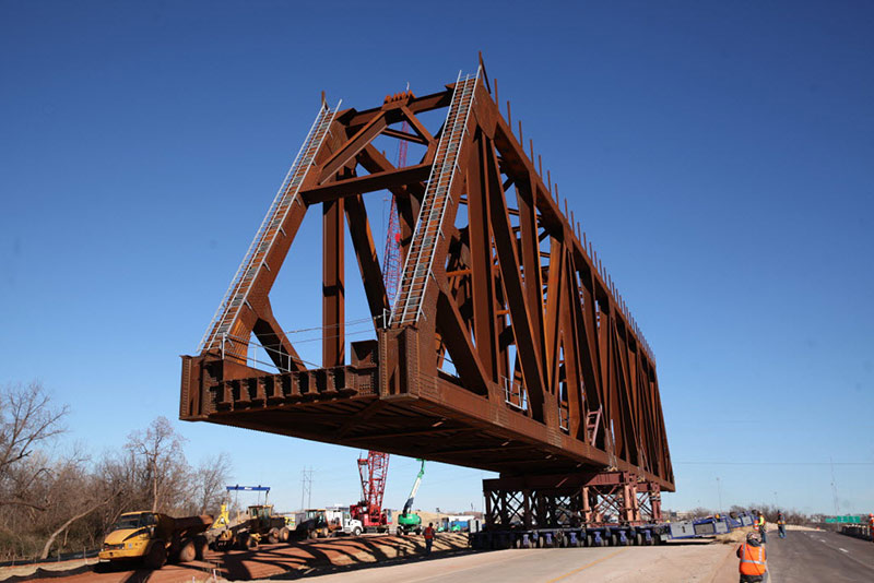 Steel railroad bridge truss prior to installation