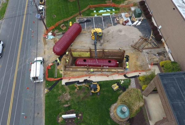 Aerial view of underground tank installation