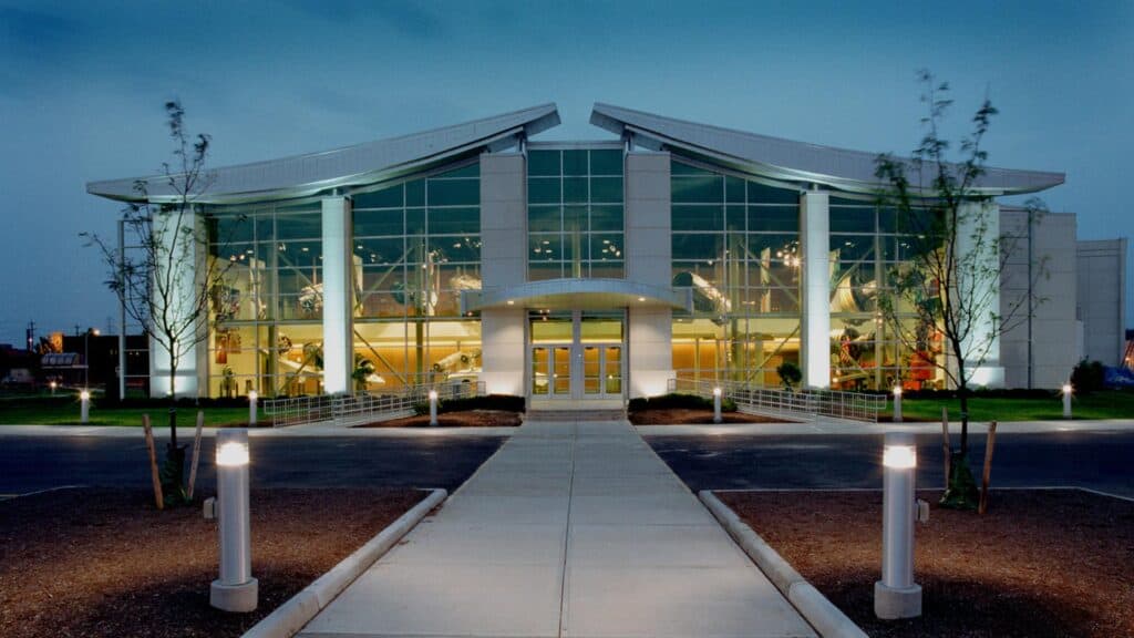 Exterior of GE Aviation Learning Center in the evening.