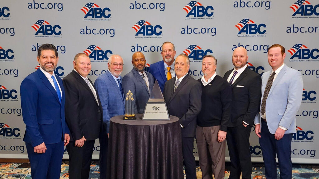 Haskell was represented Wednesday at the ABC Excellence in Construction Gala by, from left, Carlos Estrada, Ben Goode, Brian Roundtree, Dan McElhaney, Chris Bunch, Lance Simons, Matt Ferguson, Matt Dahlberg and Simeon Register. The company received its fourth consecutive National Safety Excellence Pinnacle Award and the ABC Pyramid Award for the Fort Macon Multi-Mission Building.