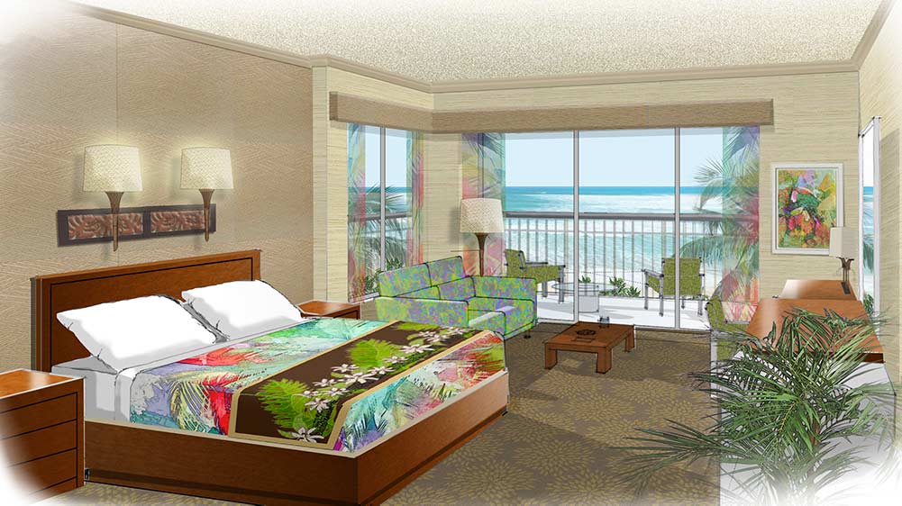 Drawing of a hotel room.|