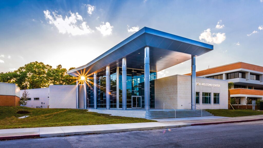 Sun setting behind the Frisch Welcome Center