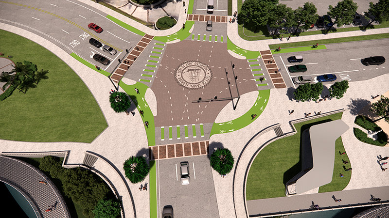 Protected intersections include “corner islands” that separate pedestrians and bicyclists from automobile traffic.  