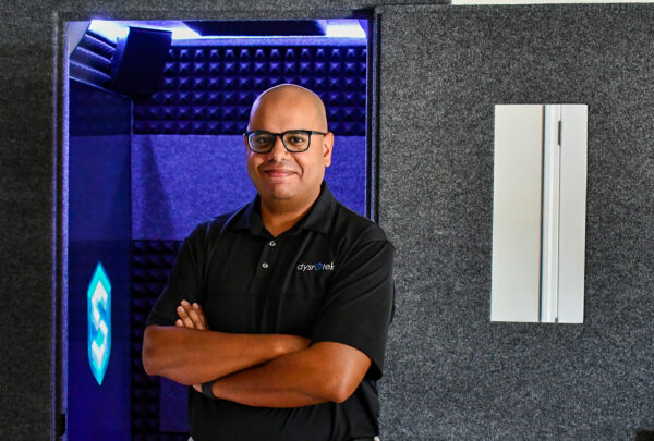 Hamzah Shanbari, Director of Innovation, presents Dysruptek’s latest innovation for construction safety, the StillGuard wellness booth prototype.
