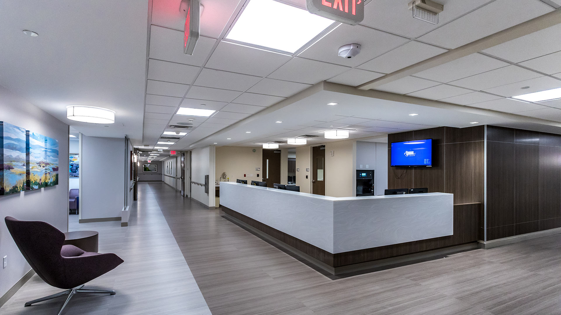 Interior rendering of Baptist Labor and Delivery Room reception desk and hallway|Interior rendering of maternity suites|Rendering of purple upholstered bench seating in a hallway|Rendering of a sink and mirror|Interior rendering of Baptist Labor and Delivery Room reception desk and hallway|||||