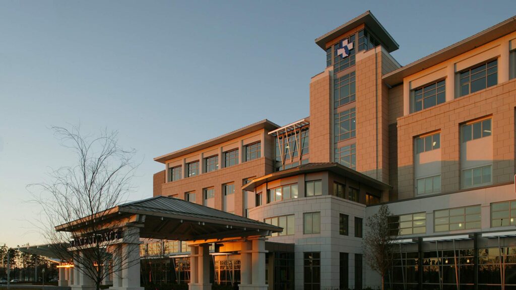 Exterior photo of Baptist Medical Center South|Healthcare Blue Background||