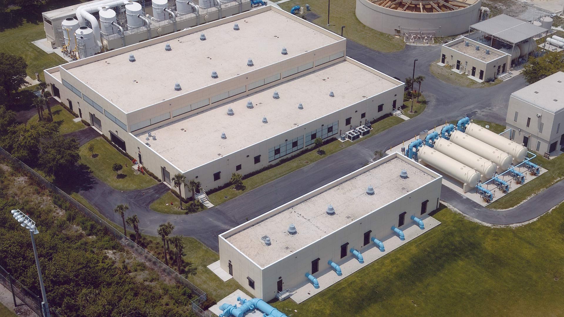 Arial view of Boca Raton Water Treatment Plant|Interior photo of the 40-MGD