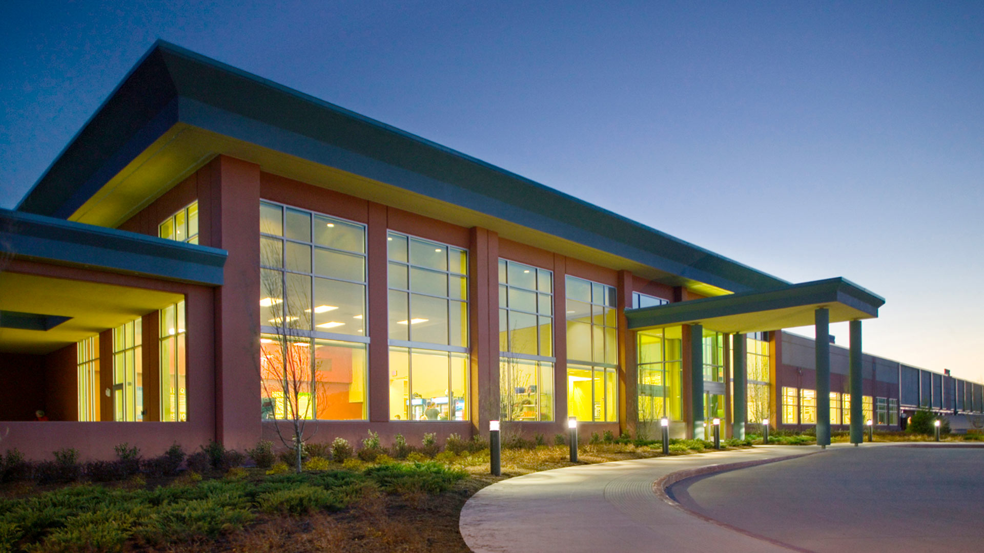 Evening photo of Gatorade bottling facility