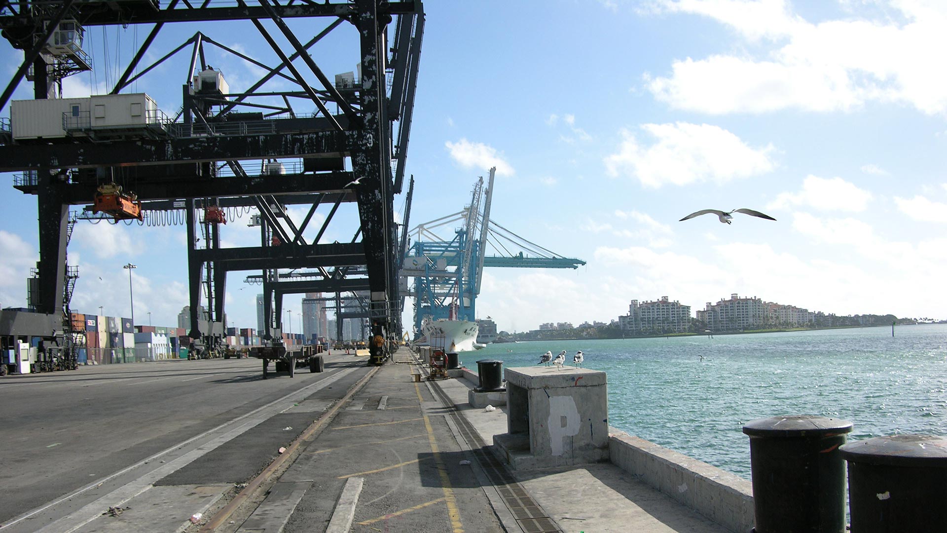 Photo of Port of Miami. Cargo side of the port. Container loaders.