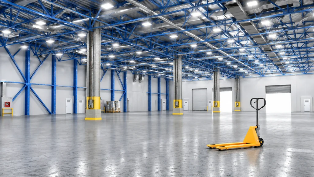 Interior of a large industrial warehouse with blue steel framing, roll-up doors, polished concrete floors and a yellow pallet jack.