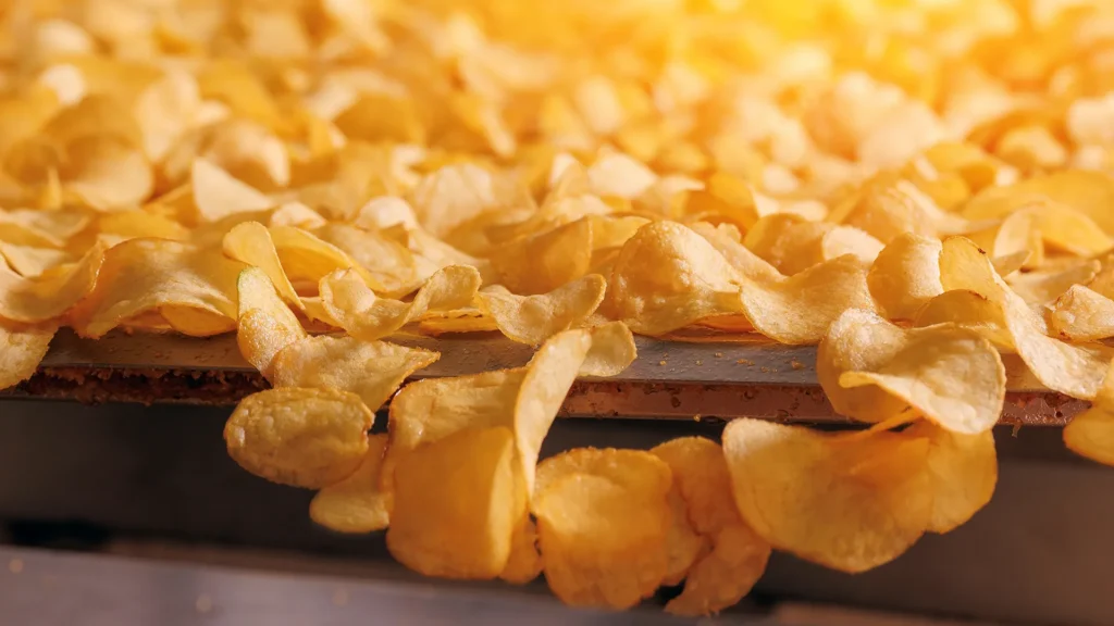 Golden potato chips move along a conveyor belt during automated snack food production.