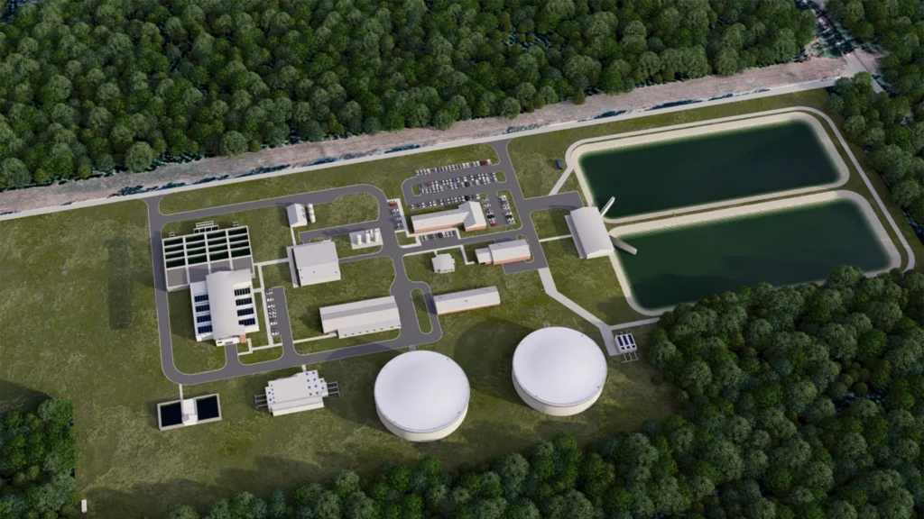Aerial rendering of the Riverbend regional water treatment plant with process buildings, circular storage tanks and lined treatment ponds.