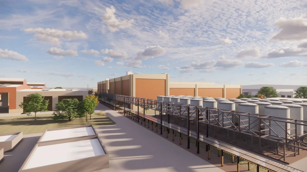 Architectural rendering of the Diageo Atreyu tequila facility with production buildings, process tanks and elevated piping.