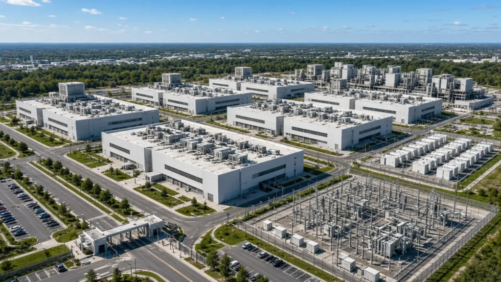Aerial view of a hyperscale data center campus with multiple large facilities, cooling equipment and an electrical substation.