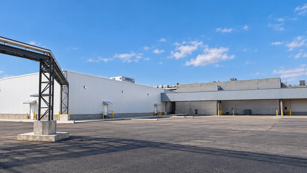 Exterior view of the Schreiber Foods plant addition with white metal siding and an elevated utility structure.