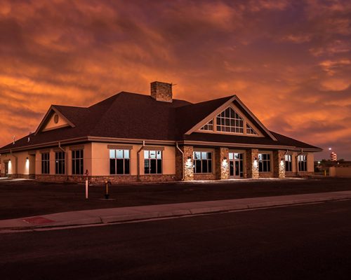 Nighttime photo of Dining Facility exterior