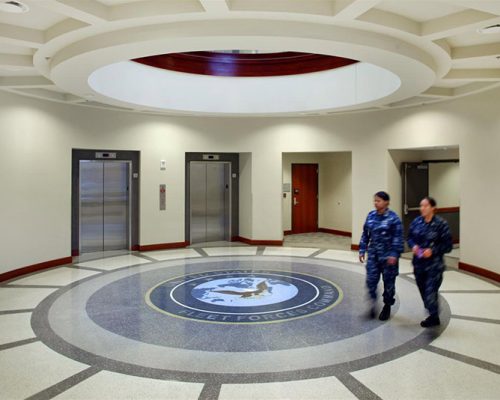 Elevator Lobby featuring Fleet Forces Command emblem inset in terrazzo floor