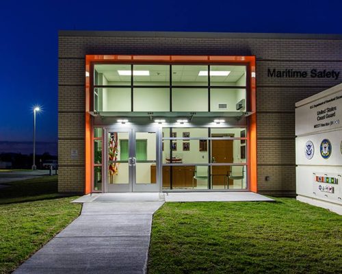 Nighttime photo of MSST Houston building entry