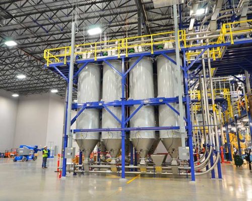 In-line silos inside Farmer Brothers roasting facility