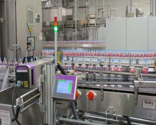 Bottled water packaging line in operation