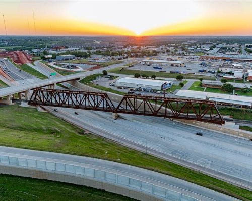 Aerial view of I-235 Broadway Extension Corridoe Widening and I-44 Exchange