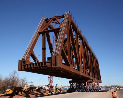 Steel railroad bridge truss prior to installation